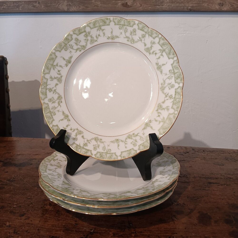 Antique 1907 Limoges Plates Set Of 4 Red Bell Tressemann & Vogt Floral Cottage